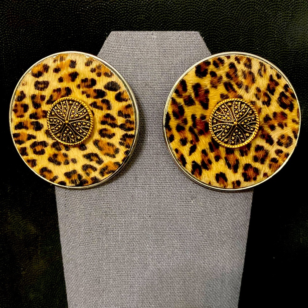 Large Button Faux Animal Pattern pierced Earrings